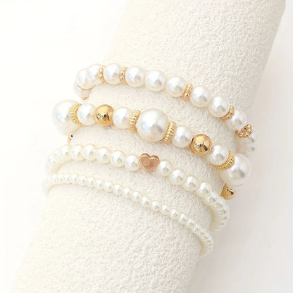 4pcs White Faux Pearls Beads Beaded Bracelet Set Elegant Handmade Hand String Jewelry Accessory