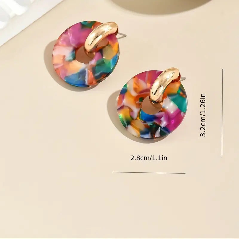 Fashion Multicolor Acetate Round Drop Earrings, Elegant Dangle Earpieces.