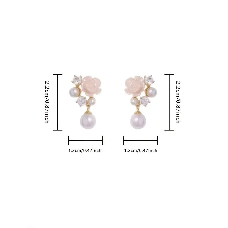 Elegant French-Inspired Camellia Flower Dangle Earrings with Sparkling Rhinestones.