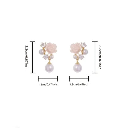 Elegant French-Inspired Camellia Flower Dangle Earrings with Sparkling Rhinestones.