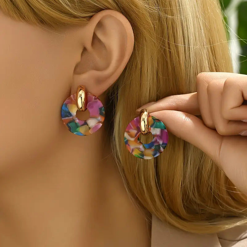 Fashion Multicolor Acetate Round Drop Earrings, Elegant Dangle Earpieces.