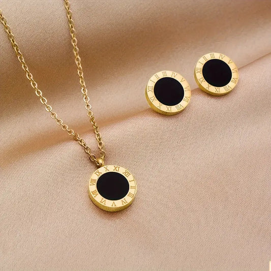 Stainless Steel Golden Earrings & Necklace Set, Suitable For Daily, For Both Men And Women