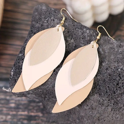 3-layer Leaf Design Retro Dangle Earrings PU Leather Exquisite.