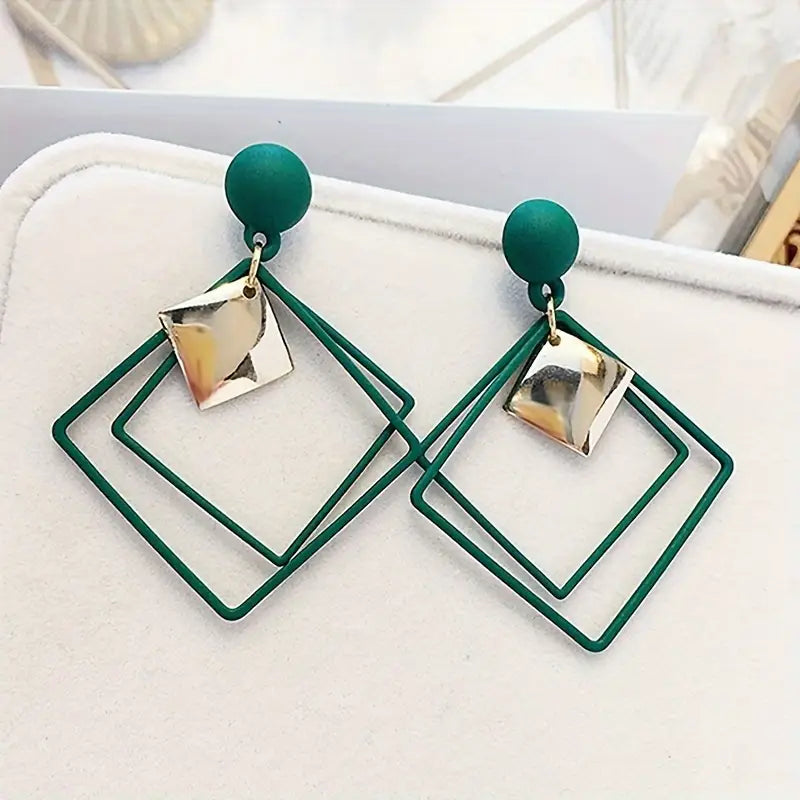 Elegant Geometric Hollow Quadrilateral Dangle Earrings - Stainless Steel Posts, Iron Crafted for Everyday & Gift Wear