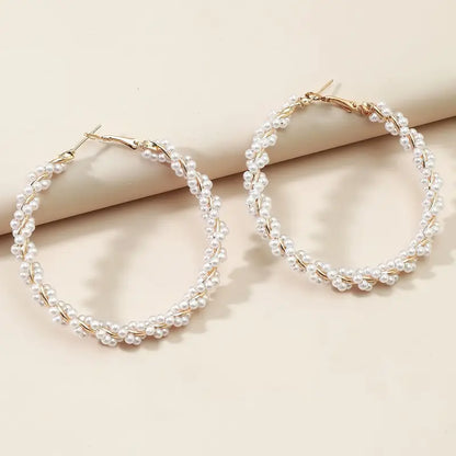 [Sophisticated Shine] Elegant Twisted Hoop Earrings with Imitation Pearl Accents