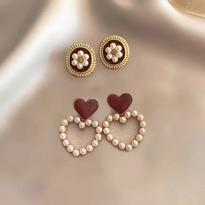 5 Pairs Faux Pearl Decor Love Heart Design Earrings Sweet Elegant Style Suitable for Women Daily Dating Earrings