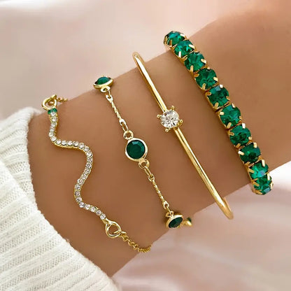 4pcs/Set Elegant Green Imitation Gemstone Rhinestone Claw Chain Snake Bracelet Open Bangle For Women