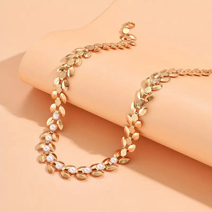 Elegant Golden-Tone Wheat Ear Choker Necklace with Faux Pearls - Vintage Style, Perfect for Casual Attire