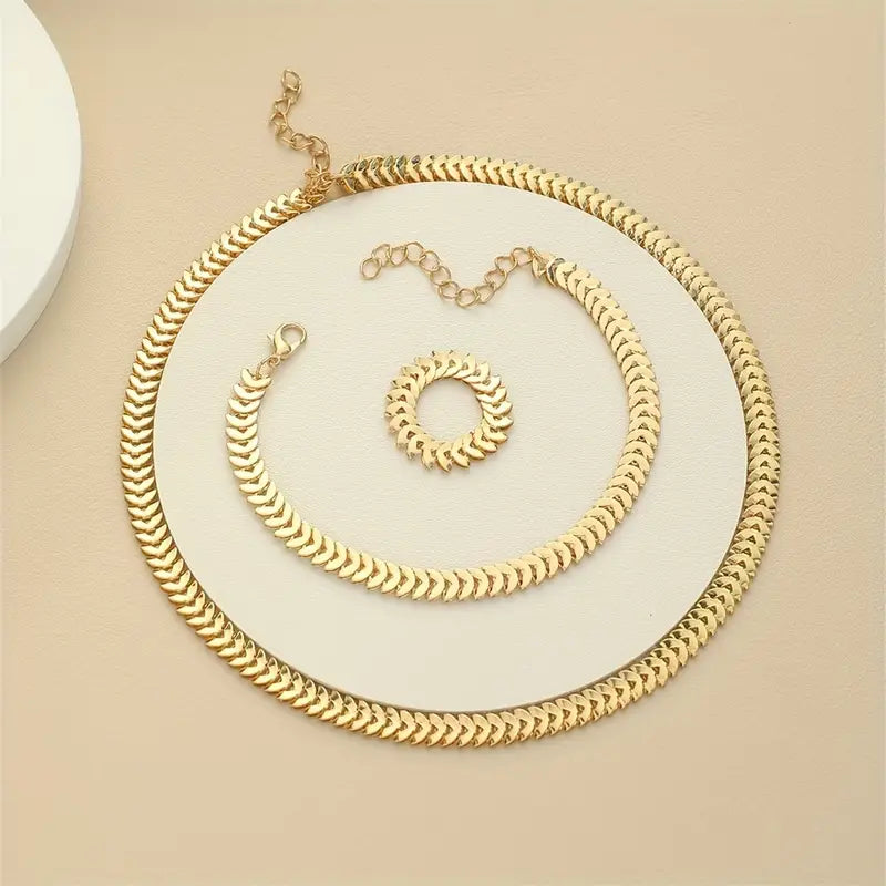 3pcs set 1 ring, 1 bracelet, 1 necklace, High-Quality fish scale iron chain necklace.