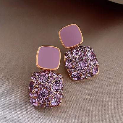 Square Shape Full Shiny Rhinestone Decor Dangle Earrings