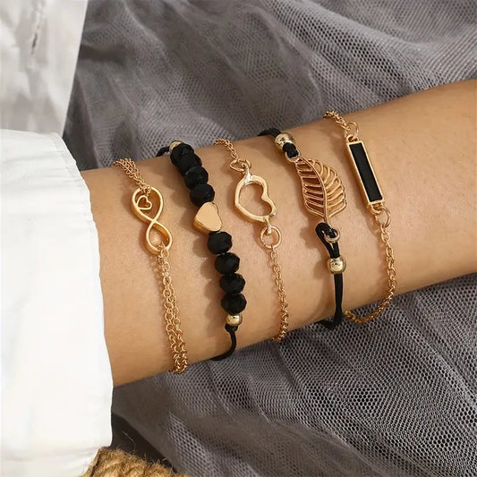 5-Piece Set Elegant & Sexy Handcrafted Black Beaded Bracelet With Heart
